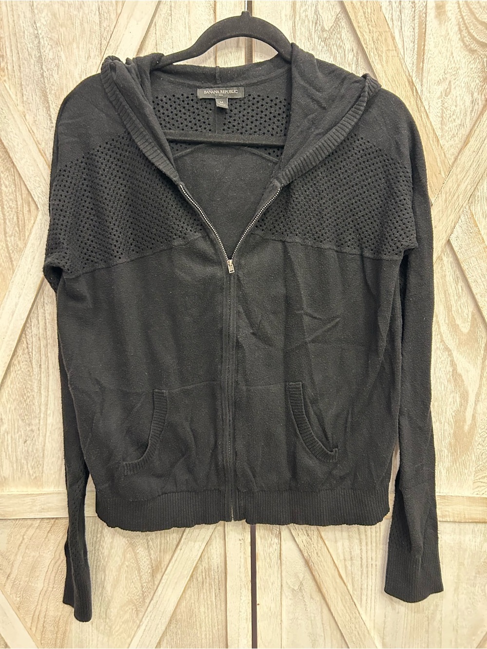 Banana Republic Black Perforated Knit Hooded Zip Cardigan